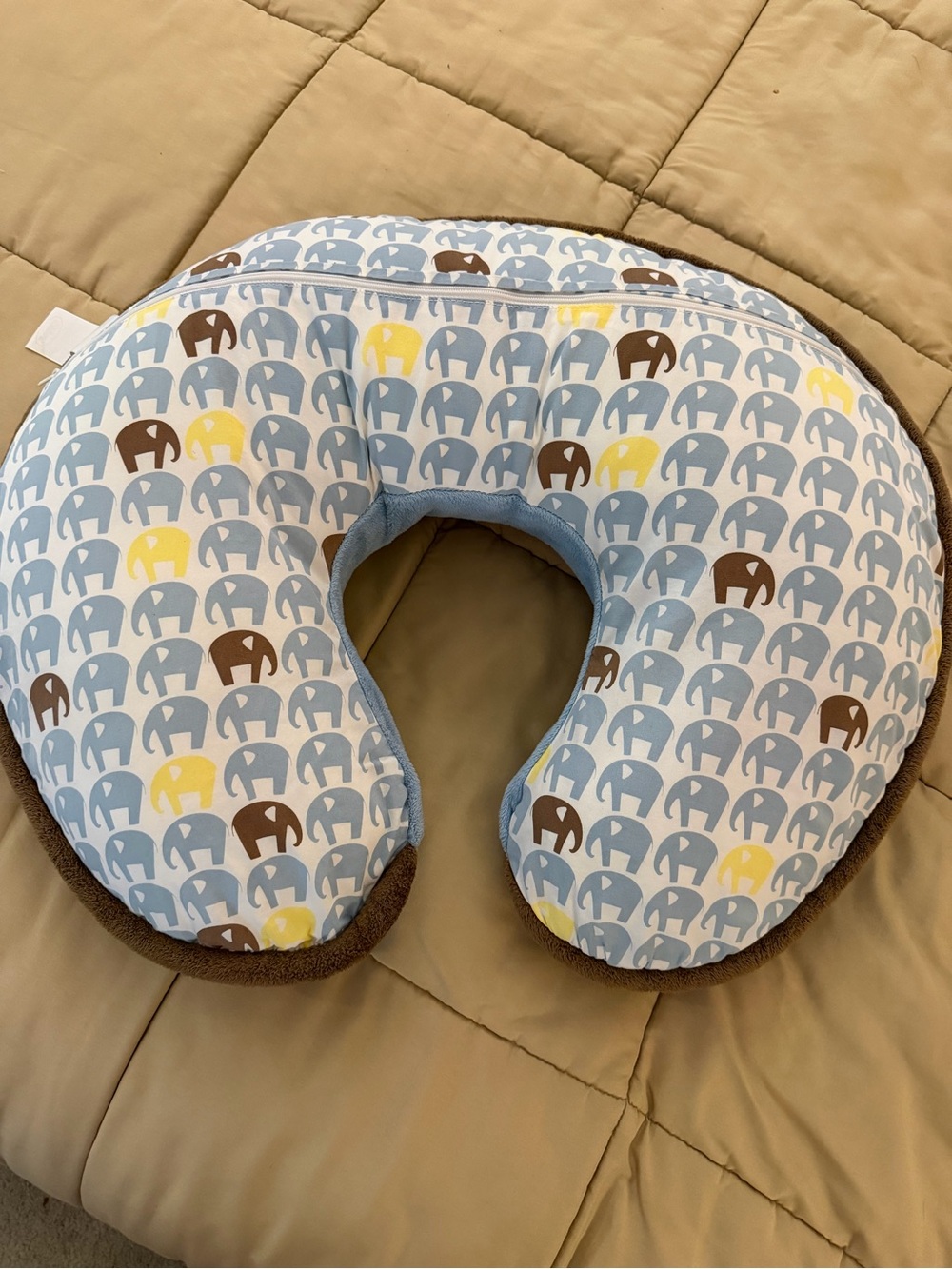 Boppy Light Blue and Brown U-Shaped Pillow with Elephant Accents